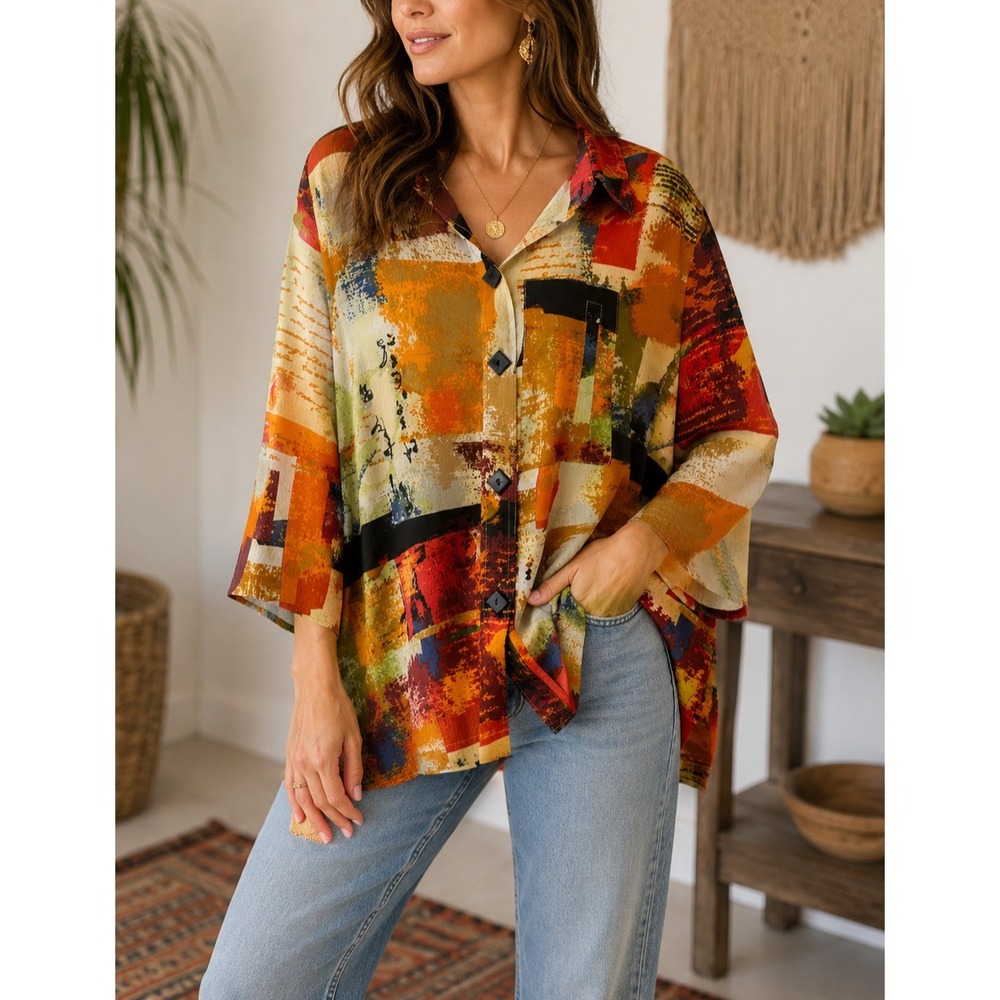 Ali Miles Vibrant Wearable Art to Wear Blouse Button Artsy Wired Collar Top XL - Picture 1 of 12